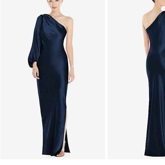 ONE-SHOULDER PUFF SLEEVE MAXI BIAS DRESS w SIDE SLIT IN MIDNIGHT NAVY - Picture 2 of 6
